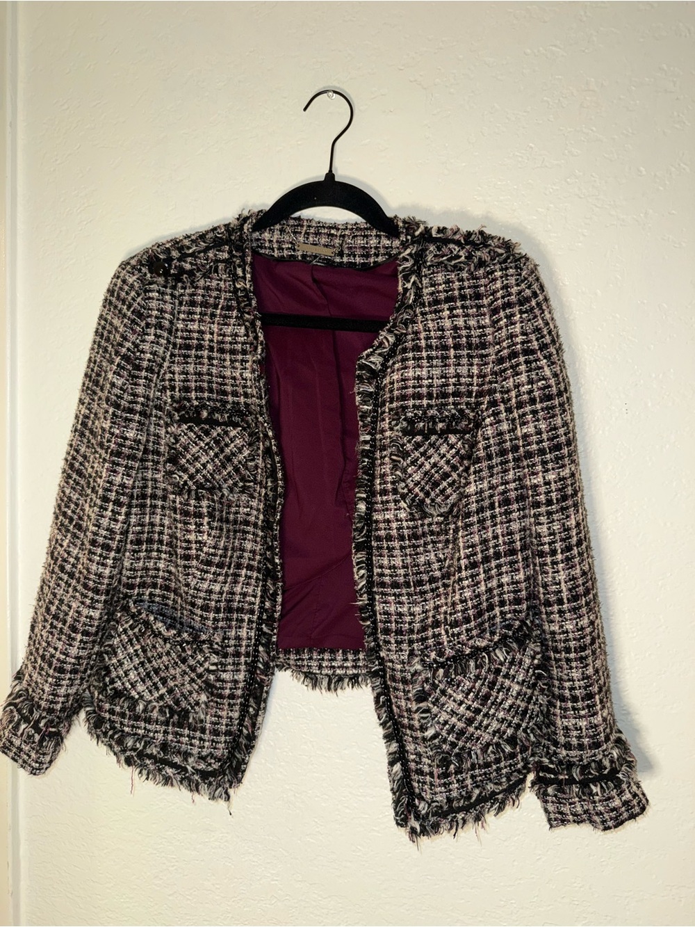 White House Black Market Pink and Black Tweed Fringe Blazer